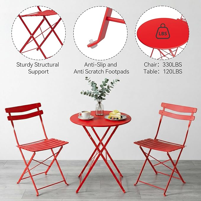 GarveeLife 3 Piece Patio Bistro Set, Folding Patio Bistro Table and Chairs Set - Image 6