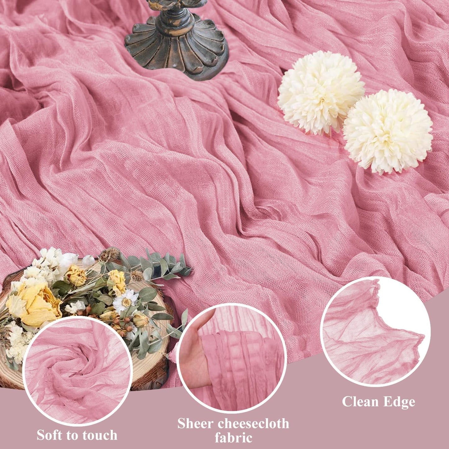 Asee'm Cheesecloth Table Runner 120 Inches Pink Boho Gauze Cheese Cloth Runner 10FT Rustic Sheer Dining Fall Table Runners for Thanksgiving Wedding Baby Shower Centerpiece Decoration