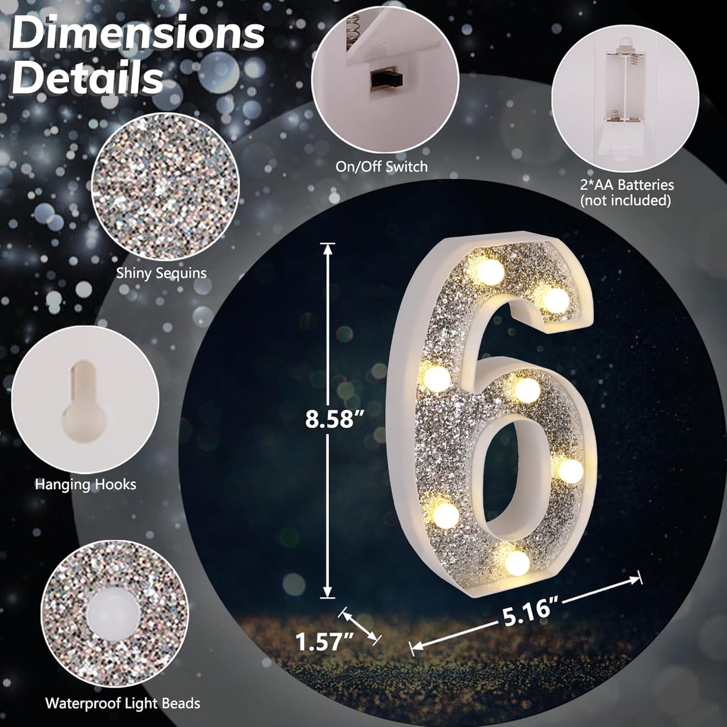 Marquee Light Up Letters, Glitter Silver LED Letter Lights Battery Powered Alphabet Letter Sign for Night Light Wedding Birthday Party Cafe Bar Decoration Girls Room Decor - Number 6