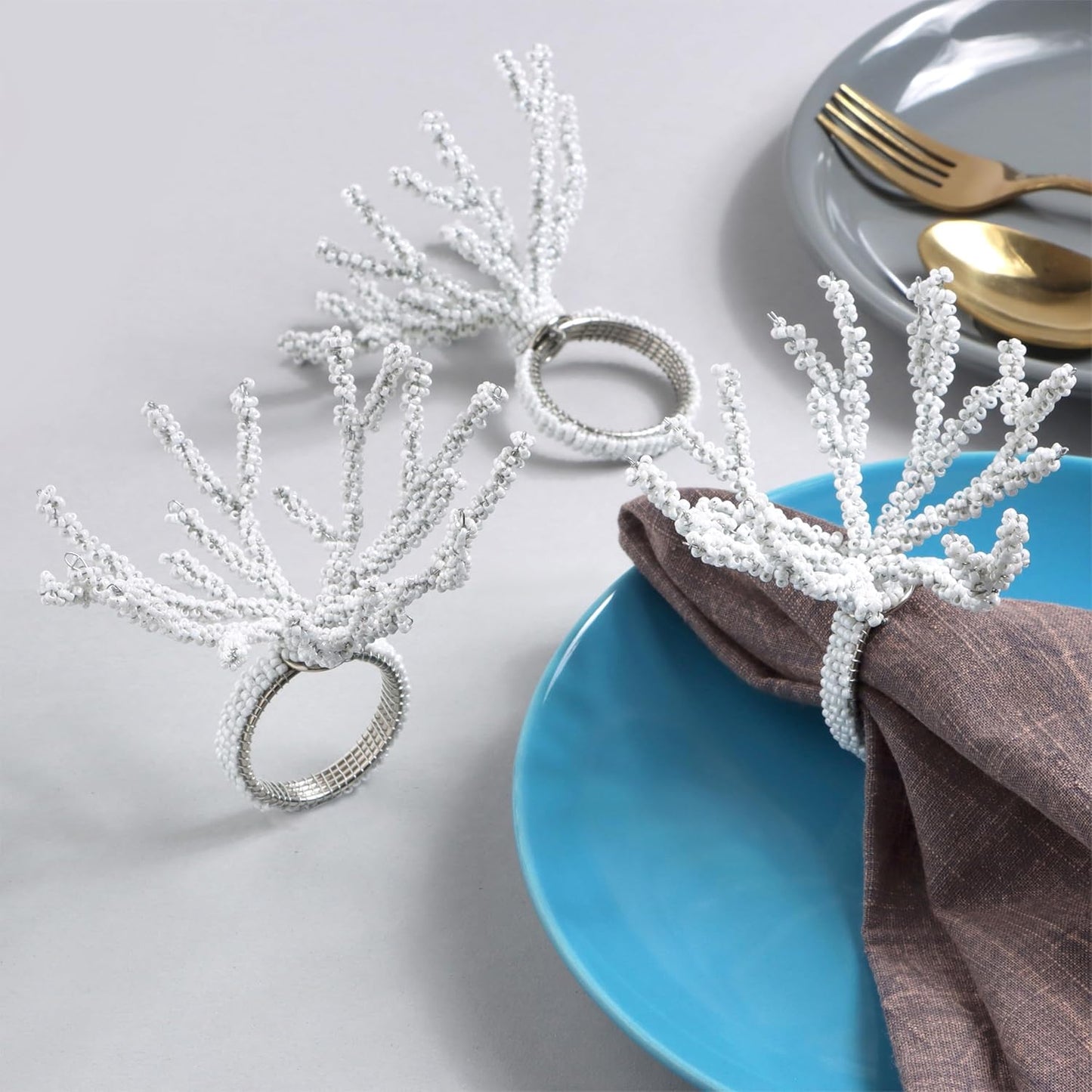 Beaded Napkin Rings Set for Dining Table - Elegant Pearl White Glass Beads with Silver Finish – Perfect for Weddings, Coastal Décor, Parties & Holiday Entertaining (White) - CLEENTABLE