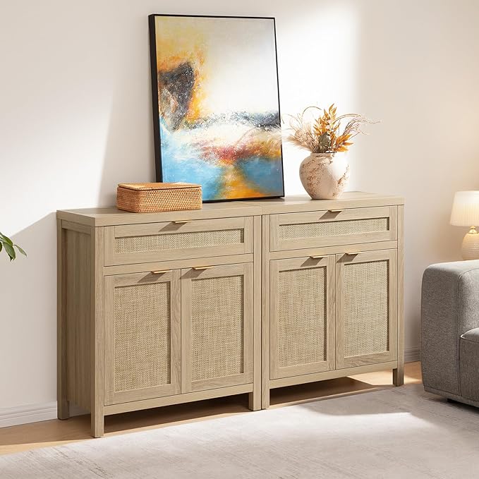SICOTAS Sideboard Buffet Storage Cabinet Set of 2, Rattan Credenza Buffet Table - Image 8