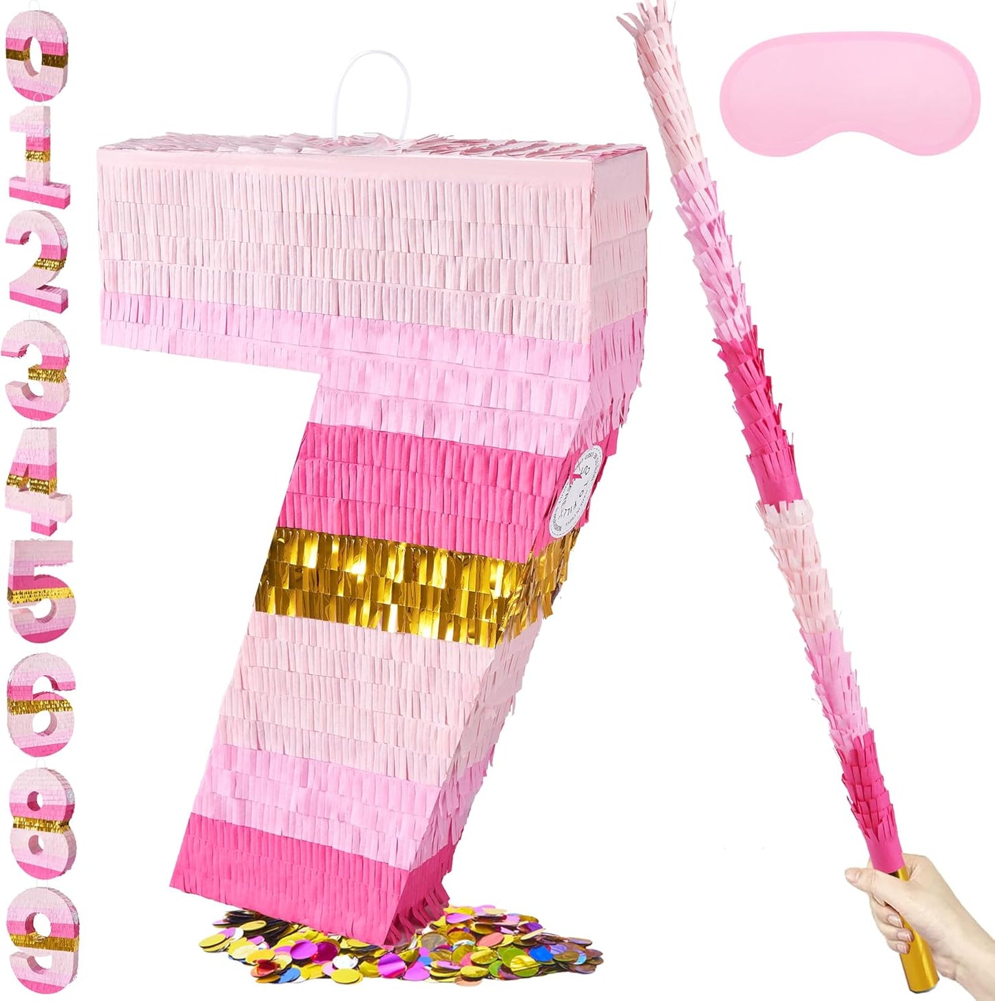 PCFING 20 Inch Number 7 Piñata Pink Gold with 30 Inch Piñata Stick Blindfold Confetti for Boys Girls Adults Birthday Party Decorations, Anniversary Celebration, Fiesta