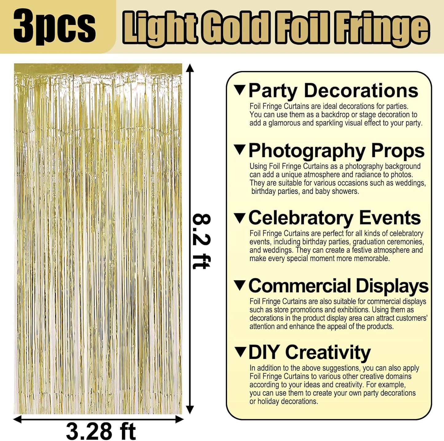 3 Pack Light Gold Foil Fringe Curtain Backdrop, 3.28Ft x 8.2Ft Metallic Tinsel Foil Fringe Streamer Curtains for Photo Booth, Christmas Day, Thanksgiving, Wedding, New Year Party Decorations