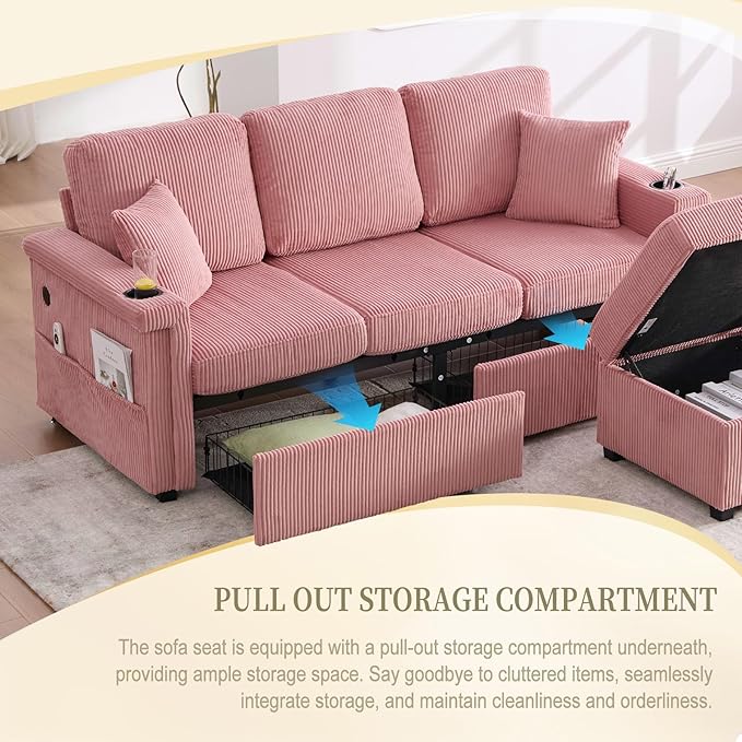 L-Shaped Sectional Sofa with Storage & Movable Ottoman, Corduroy 3 Seater - Image 4
