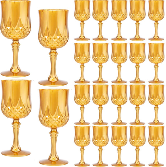 JLYLOL Plastic Vintage Wine Glasses 7OZ Plastic Goblets Vintage Drinking Glasses 24PCS Retro Wedding Glassware Water Goblets Reusable Drinking Cups for Party,Reception,Celebration,Bar,Whiskey(Amber)