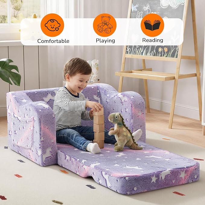 MeMoreCool Glowing Lavender Unicorn Kids Chair, 2-in-1 Convertible Kids Couch - Image 3
