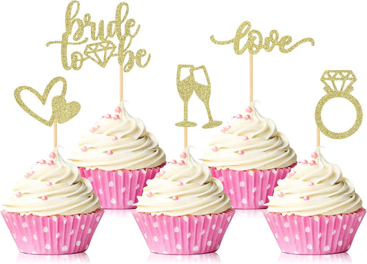 35 PCS Glitter Diamond Ring Bride to be Love Cupcake Topper Champagne Cake Picks Decorations for Bridal Shower Wedding Engagement Party Supplies, Gold
