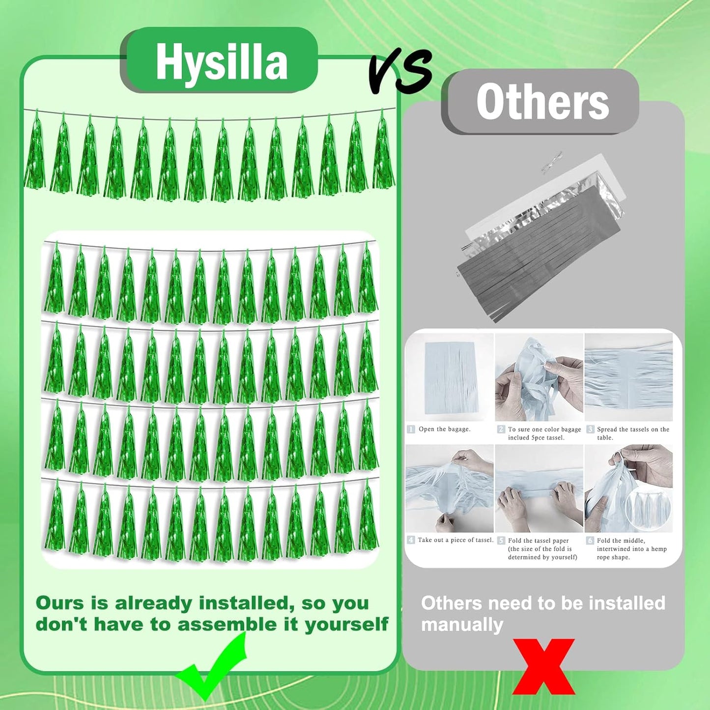 8P Green Foil Fringe Metallic Tassel Streamers Banner Tassel Garland for Parade Floats, Bachelorette, Wedding, Birthday, Halloween, Christmas, Bridal/Baby Shower Party Decorations