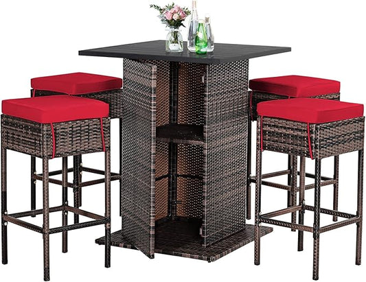 Tangkula 5 Piece Outdoor Rattan Bar Set, Patio Bar Furniture by TANGKULA