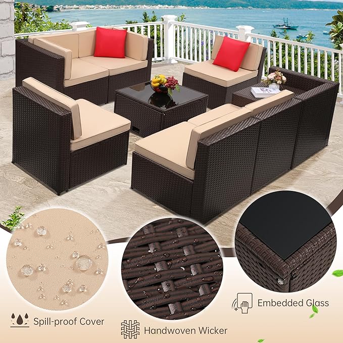 KROFEM 8-Piece Patio Furniture Set, Outdoor Wicker Rattan Sectional - Image 5