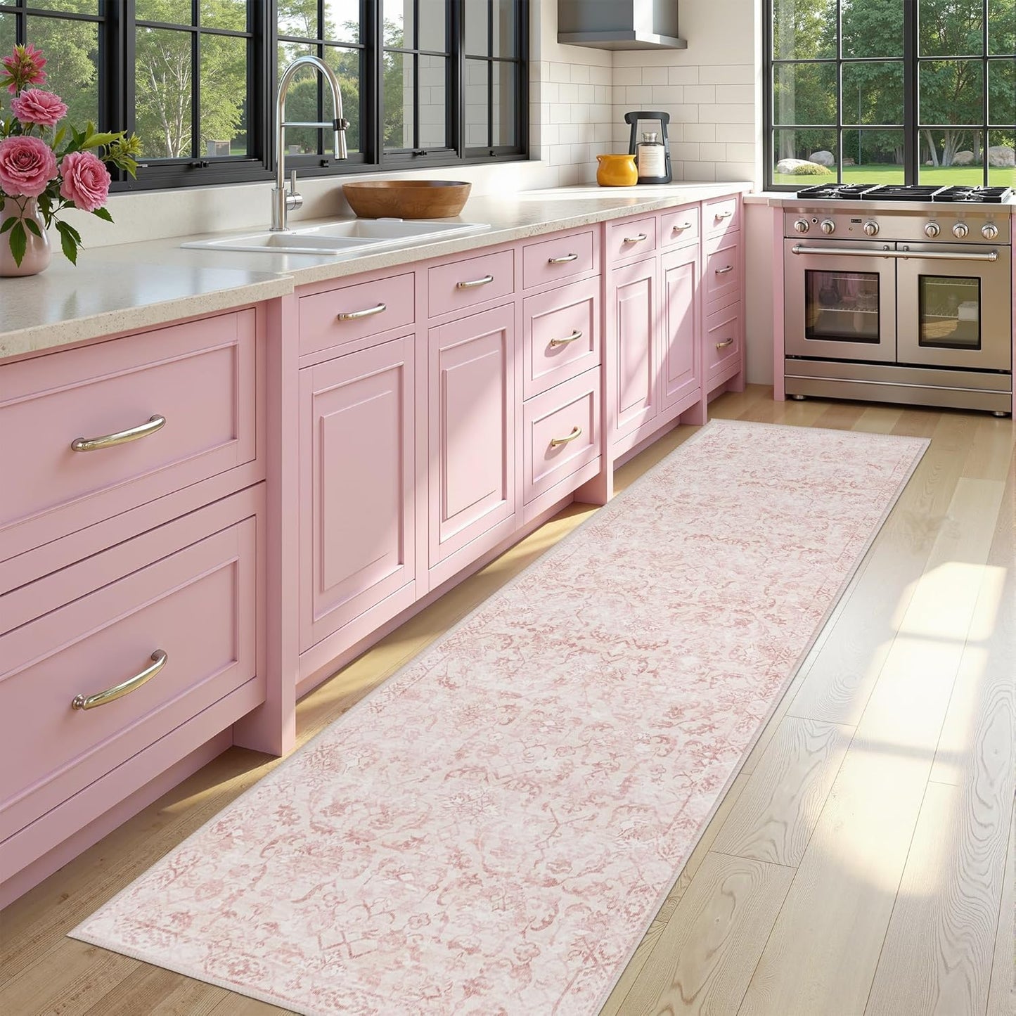 Pink 3x12 Runner Rug for Hallways Bed Side Kitchen, Boho Washable Distressed Low-Pile Floor Entryway Long Bathroom Mat, Non-Slip Laundry Room Washstand Front Carpet Green 36x144 Inch