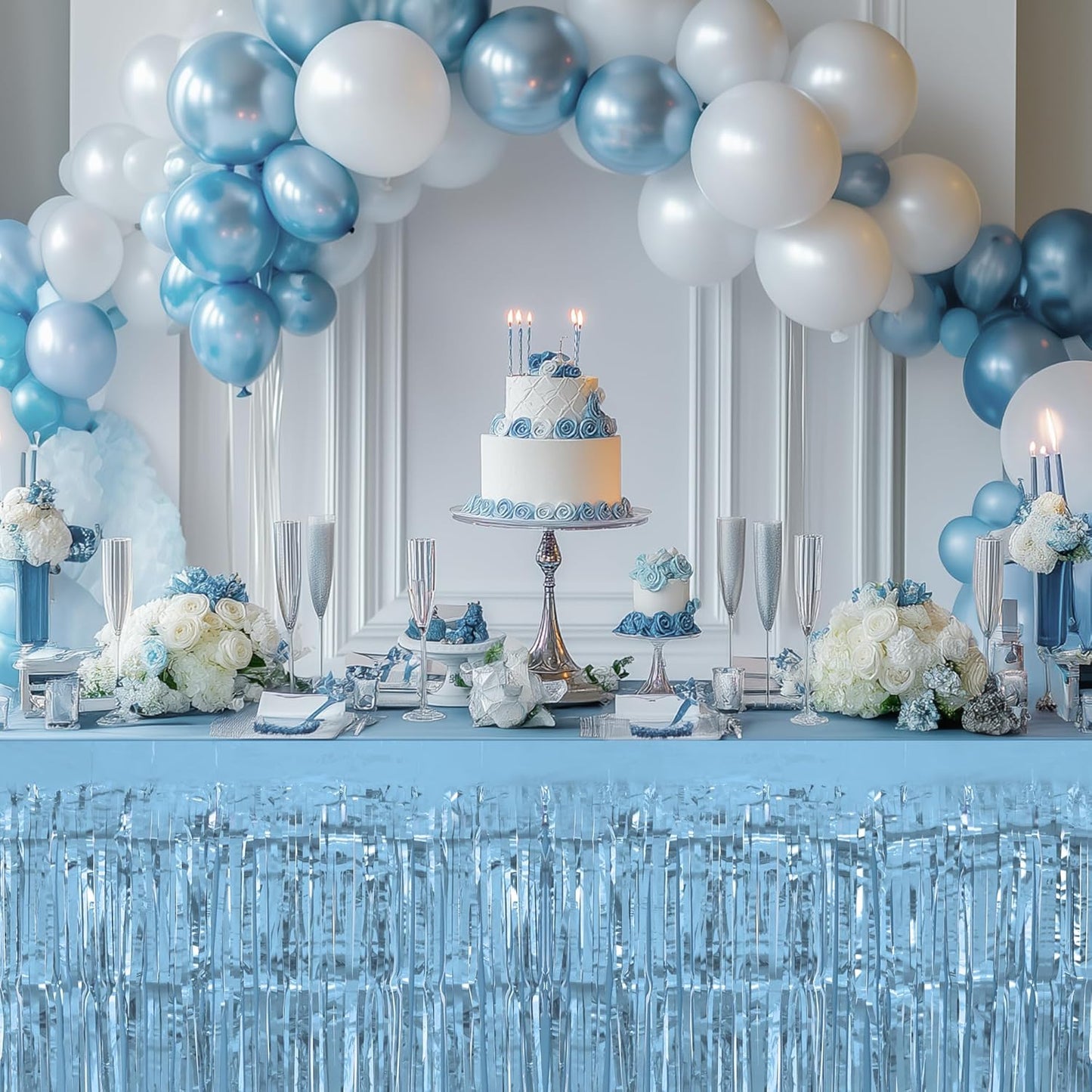 2 Pack Light Blue Light Purple Table Skirts, 29x108" Metallic Foil Tinsel Fringe Table Skirt for Rectangle Tables Streamer Curtains Backdrop, Party Decorations for Birthdays, Weddings, Holidays