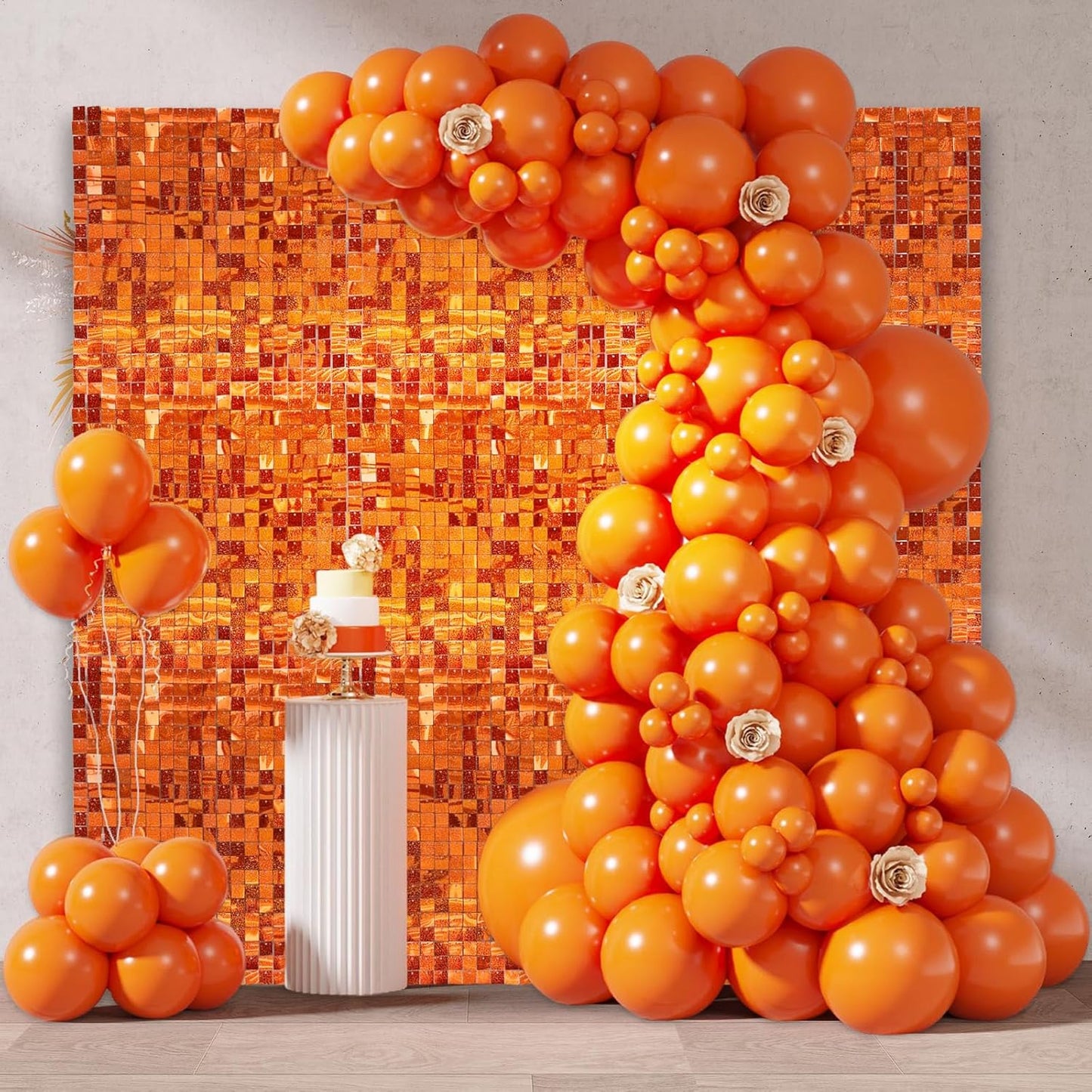 24PCS Orange Shimmer Wall Backdrop, Laser Square Sequin Photo Backdrops Panel, Glitter Wall Background for Birthdays, Weddings, Halloween, Engagements, Disco Bachelorette Party Decoration (4FTx6FT)