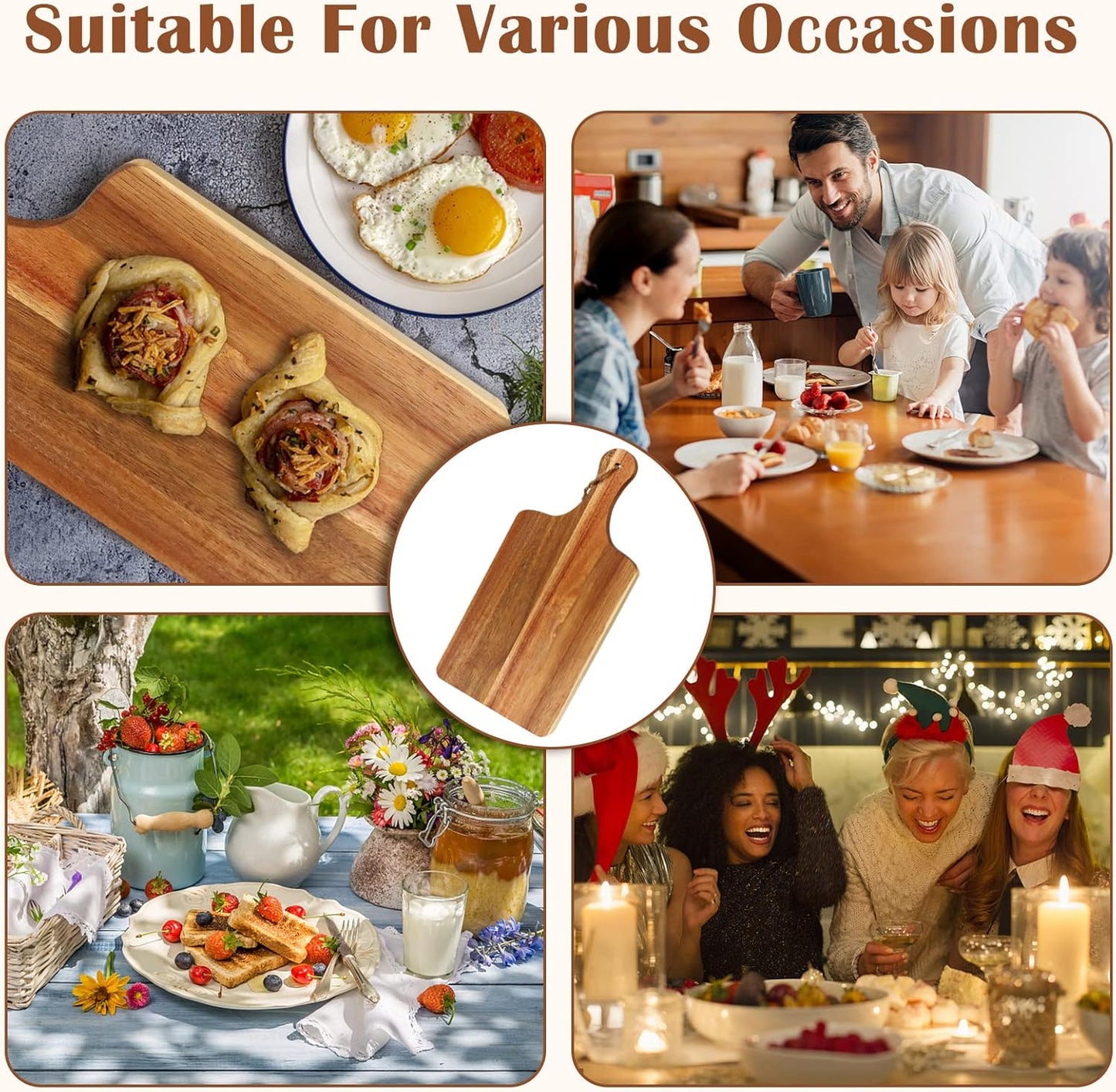 10 Packs Acacia Wood Cutting Board, 15 x 7 Inch Plain Chopping Board with Handles Large Serving Board Wooden Kitchen Cutting Board Bulk with Ropes for Vegetables Meat Pizza Cheese Fruit Bread