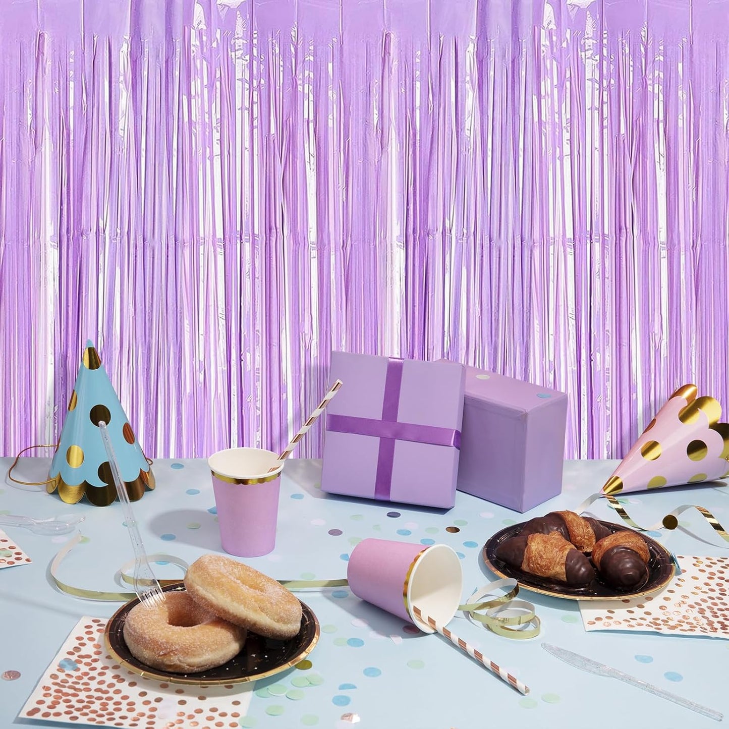 5 Pack Purple Foil Curtain Backdrop 3.2ft x 8.2ft Tinsel Foil Fringe Curtains Macaron Photo Booth Streamer Backdrop for Party Decorations Birthday Baby Shower Bachelorette Holiday (Pastel Purple)