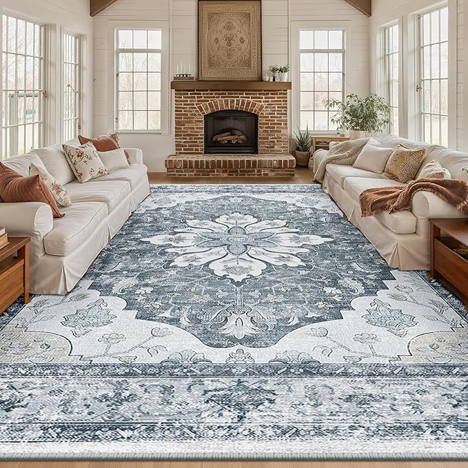 RELEANY Area Rugs 10'x12' Washable Non-Slip, Floral Vintage Distress Print by RELEANY