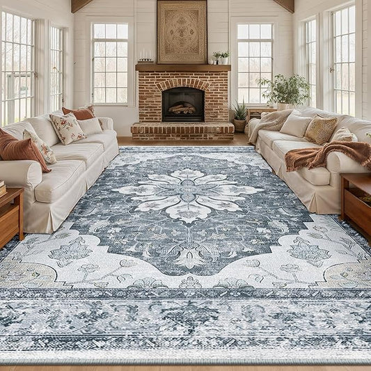 RELEANY Area Rugs 10'x12' Washable Non-Slip, Floral Vintage Distress Print by RELEANY