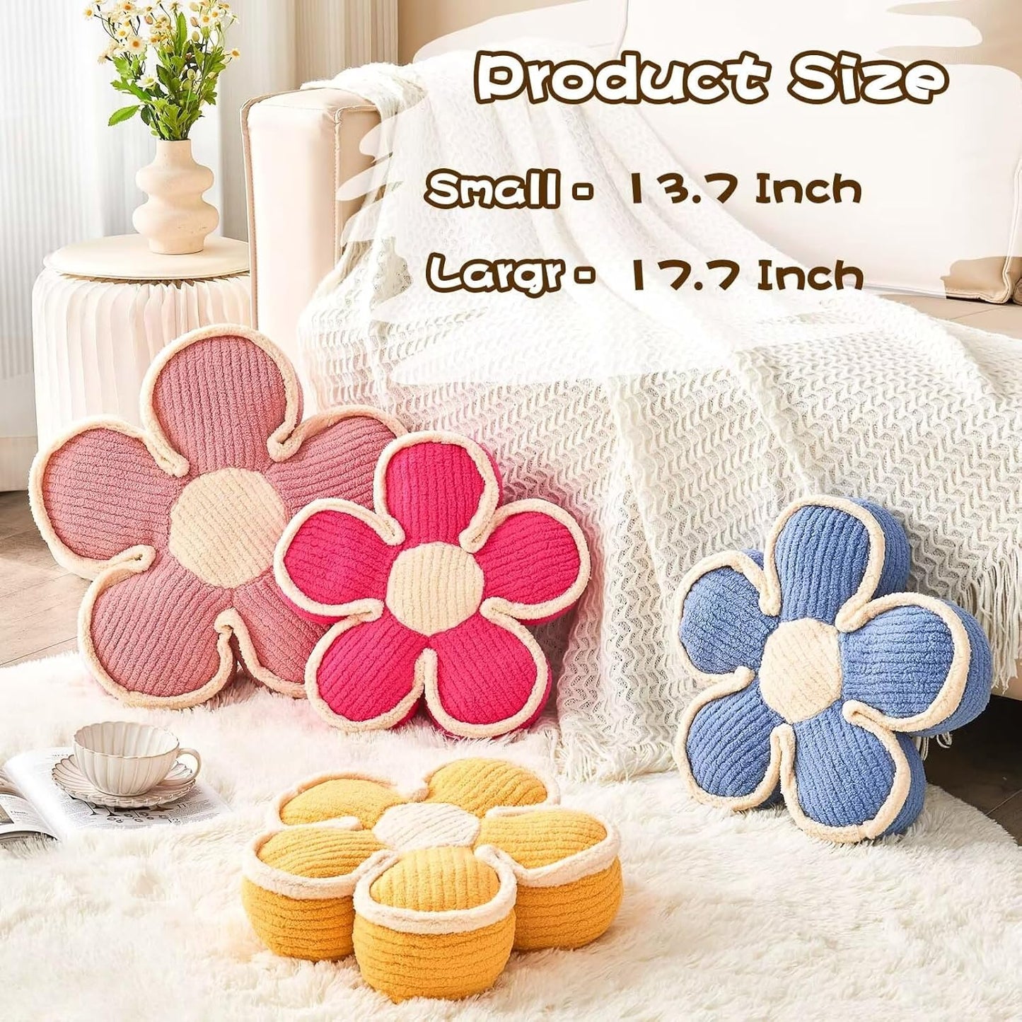 Soft Flower Shaped Floor Cushion, Decorative Throw Pillow, Cute Seating Cushion, Plush Pillows for Sofa Couch Bed (17.7 Inch, Hot Pink)