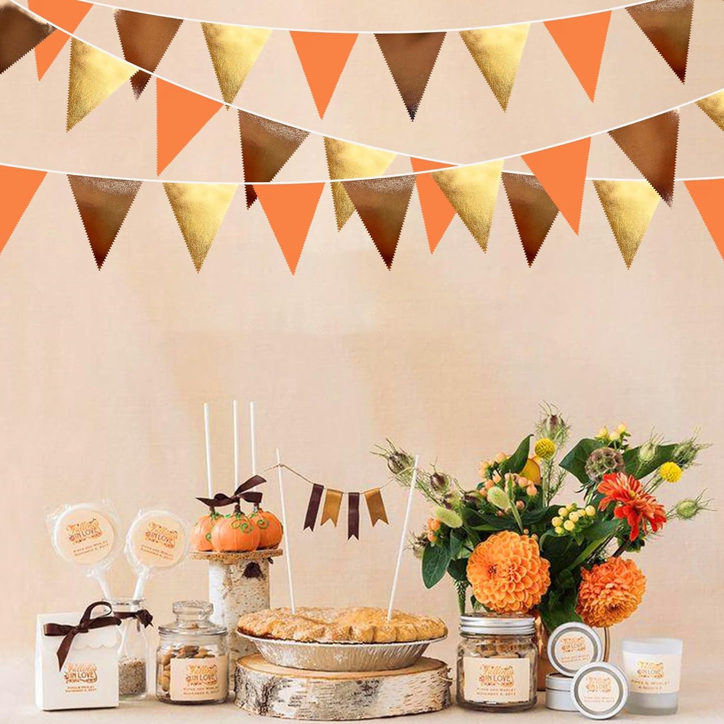 Fall Party Decorations Orange Gold Brown Metallic Fabric Triangle Pennant Banner Flag Bunting Garland for Autumn Fall Thanksgiving Wedding Birthday Bridal Shower Engagement Graduation Party Supplies