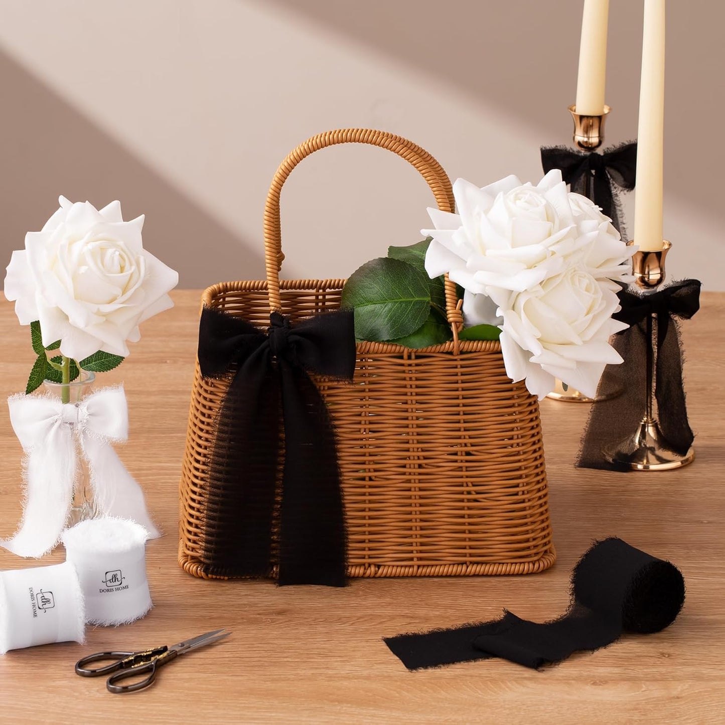 DORIS HOME Black Chiffon Ribbon for Flower Bouquet, 2" x21Yd Fabric Ribbon for Gift Wrapping, Handmade Frayed Ribbon for Wedding/Christmas Decorations