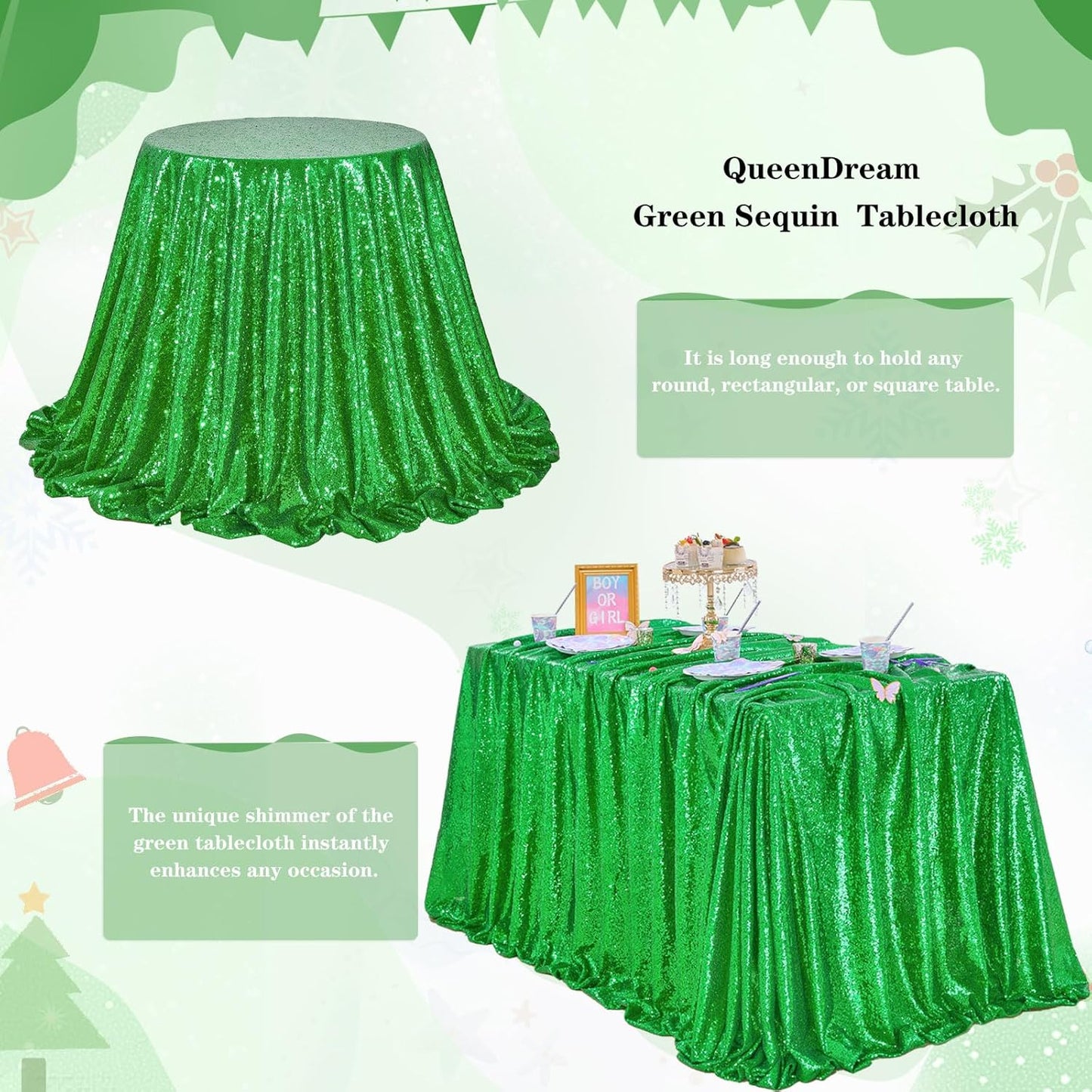 QueenDream 60x102 Inches Green Table Clothes for Parties Birthday Wedding Sequin Tablecloth Cake Table Holiday Banquet Decoration