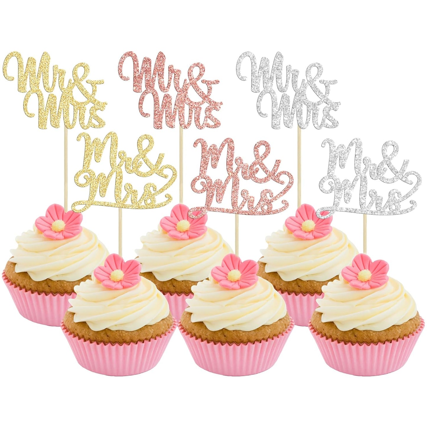 Gyufise 36Pcs Mr & Mrs Cupcake Toppers Glitter Bridal Shower Cupcake Picks for Wedding Engagement Birthday Anniversary Party Cake Decorations Supplies Colorful