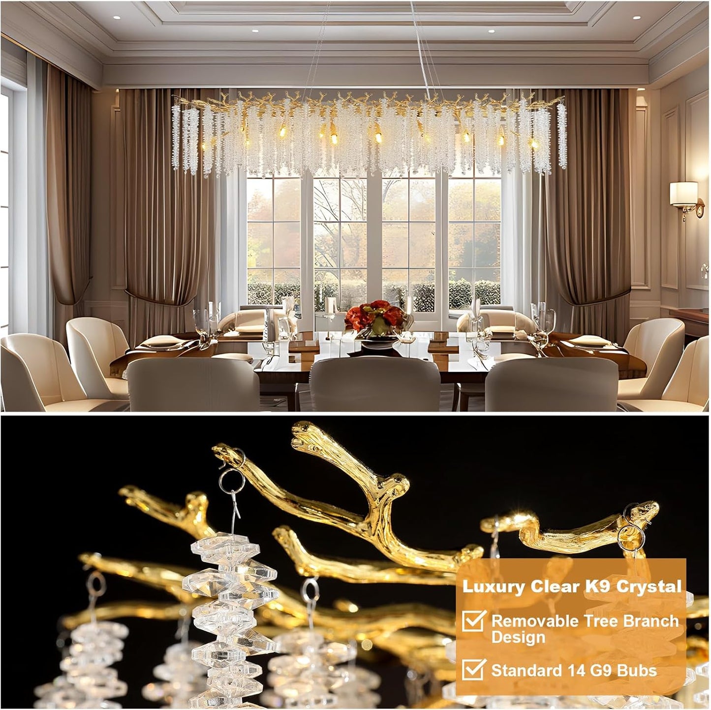 YUYI Gold Crystal Chandelier, Modern 60" Rectangular Chandeliers for Dining Room,K9 Large Luxury Flush Mount Chandelier for Foyer Living Room,Kitchen Island Hanging Light Fixture