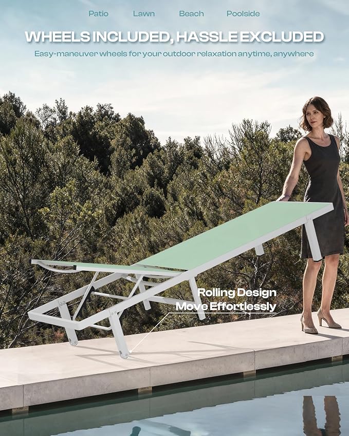 Lounge Chair Outdoor with Wheels, Aluminum Patio Chaise Lounge Chair with 5 - Image 3