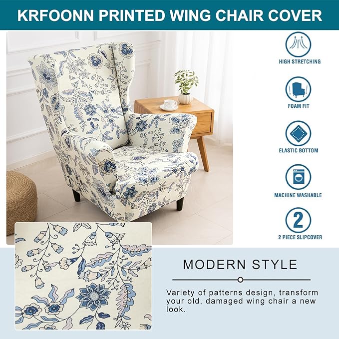 KRFOONN Velvet Wing Chair Slipcovers 2 Piece Stretch Printed Wingback Chair - Image 5