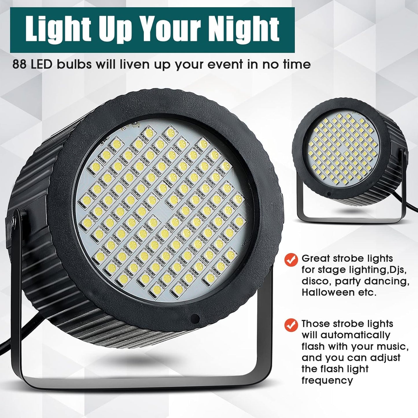 2 Pcs Bright White Strobe Light 88 LEDs Flash Party Lighting Speed and Sound Modes Flashing Lights Stage Lights for Christmas Easter Birthday Party Room Dance DJ Bar Karaoke Show Wedding