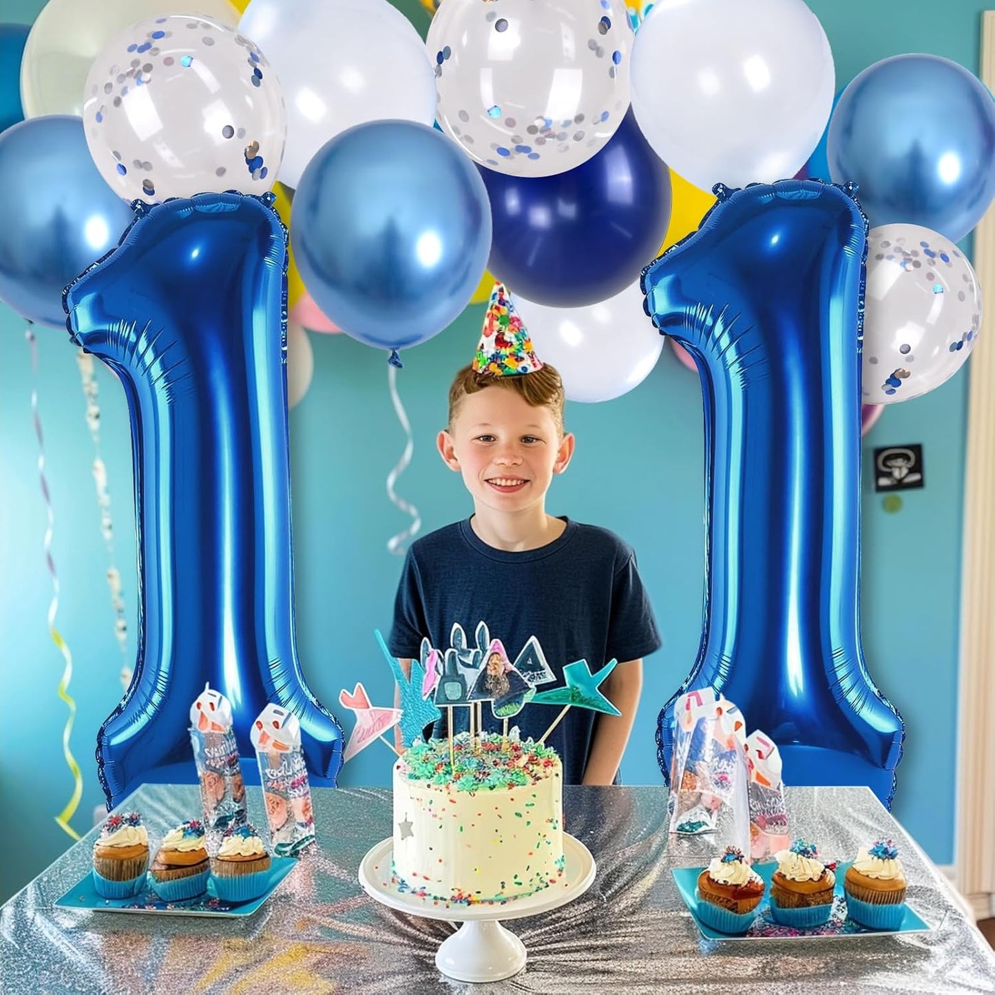 Foil Number Balloons 11, 40'' 11th Birthday Balloon with Pastel Navy Dark Blue Silver Confetti Helium Balloon, Self Inflating Big 11 Balloon Number for Boys Birthday Party Anniversary Decor Supplies