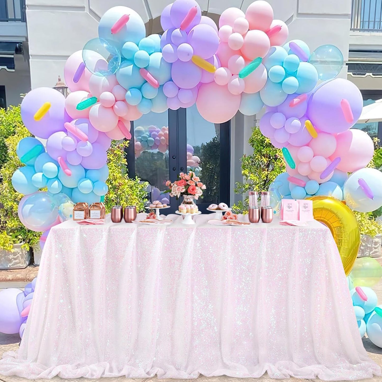 QueenDream Sparkly Sequin Tablecloth - White Iridescent Table Cloth 50x80 Inches Rectangle Table Overlay Fabric for Birthday Parties Baby Shower Decoration