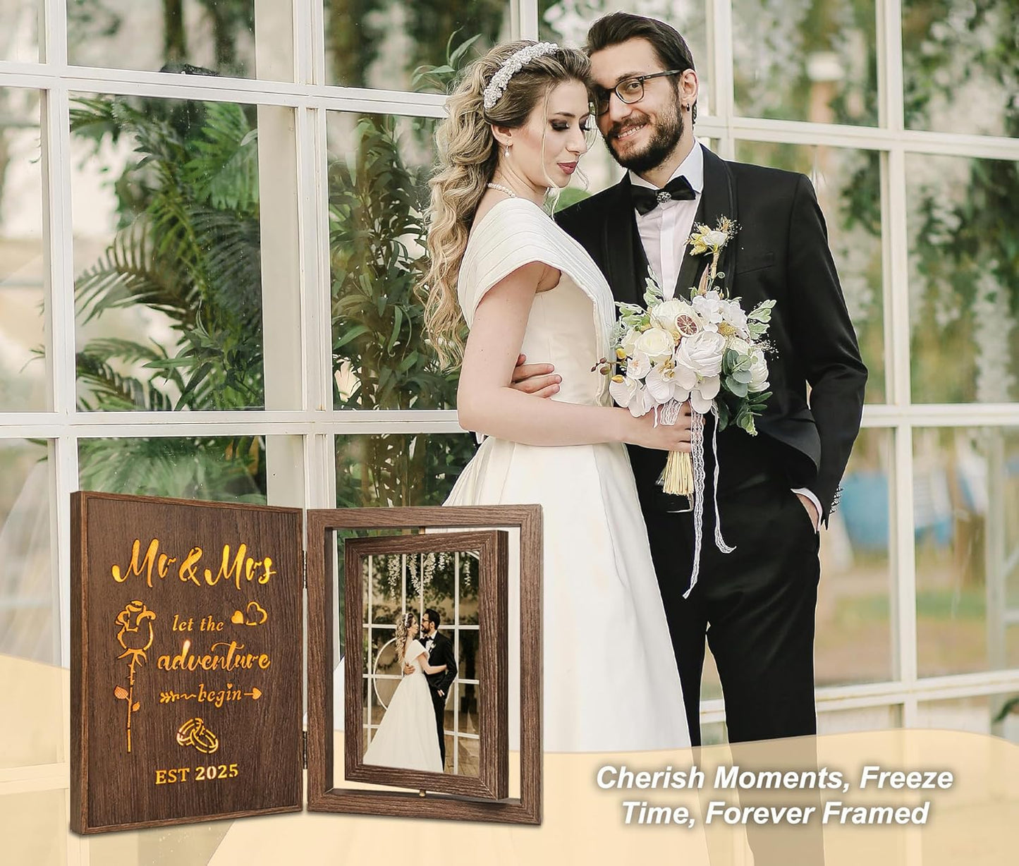 Light Up Wedding Photo Frame Gifts for Couples 2025 - Rotating Glowing Picture Frame Mr and Mrs Bridal Shower Gifts for the Bride Newly Wed Couple - Vintage Decor Holds 2 4x6 Photos