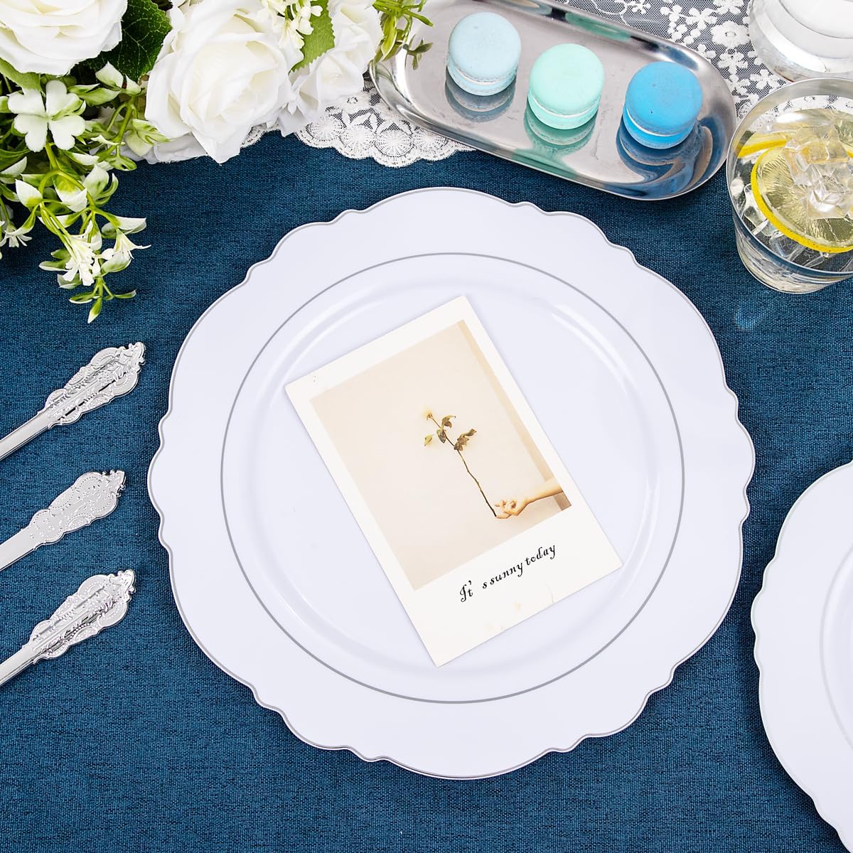 Liacere 350PCS Silver Plastic Plates-Disposable White and Silver Plates 50guest Baroque Plastic Dinnerware Set include 100Plates, 50Pack Pre Rolled Napkins with Silverware 50Cups Perfect for Chrismas