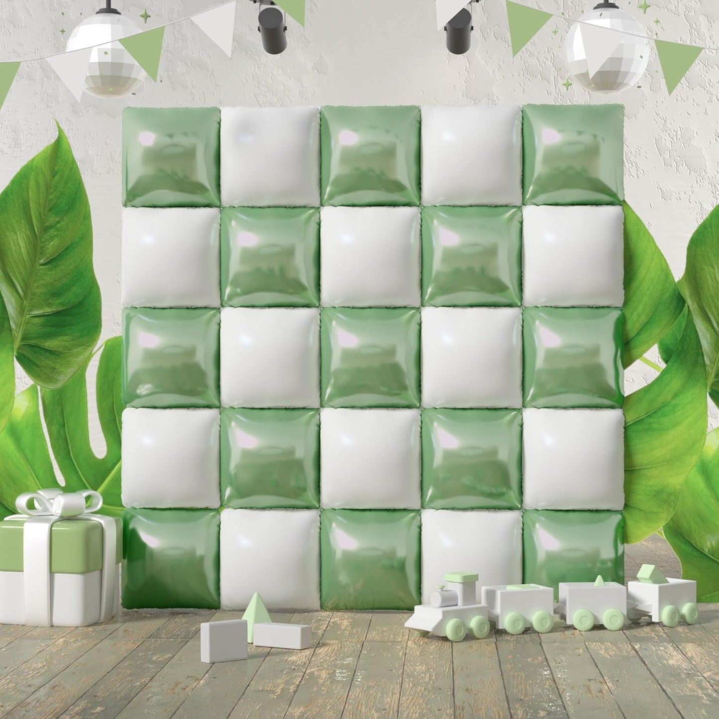 Square Foil Sage Green and White Balloon Wall Backdrop Tunnel Flat Double Sided Mylar Balloon Arch Garland Kit For Oh Baby Shower Bridal Shower Bachelorette Wedding Birthday Party Decorations