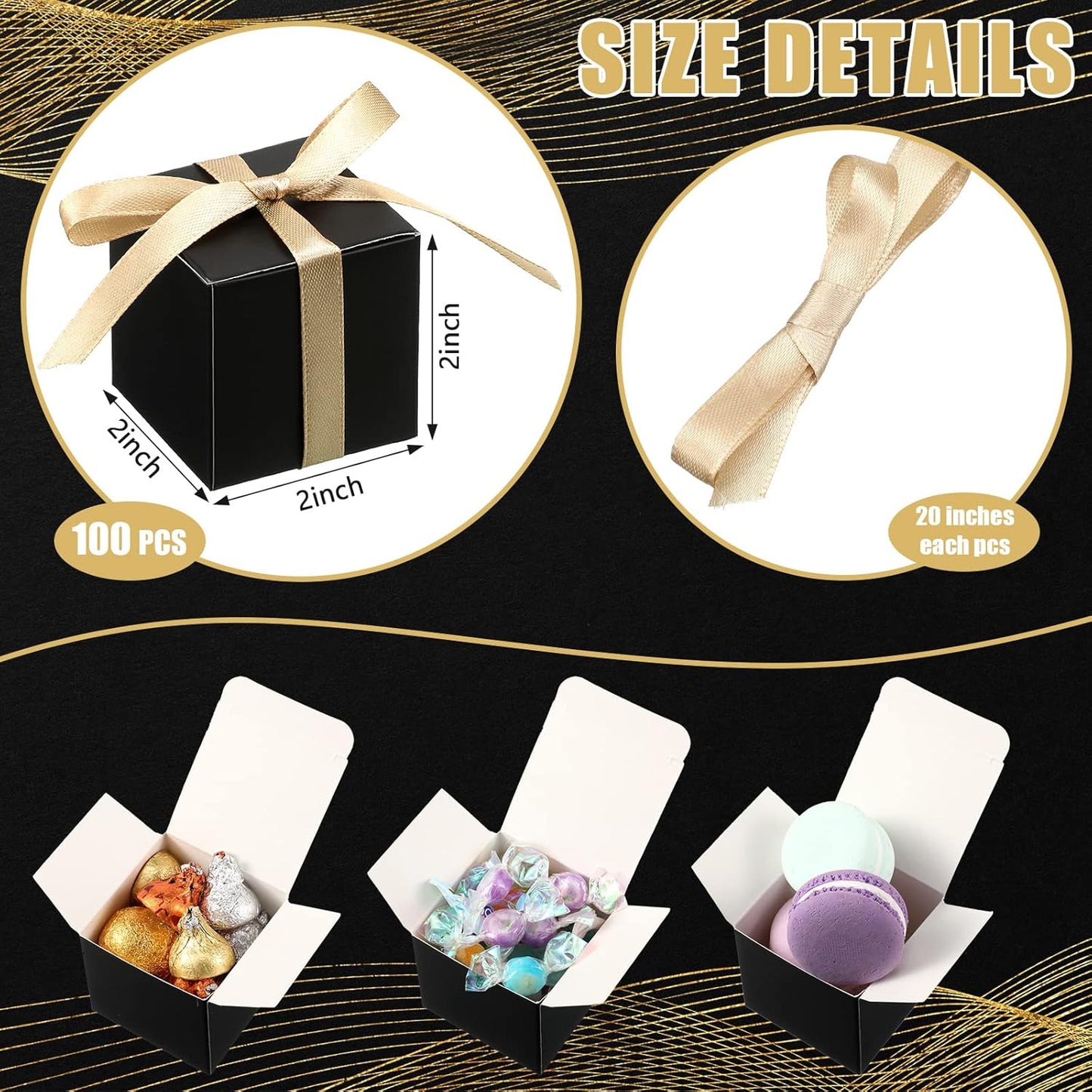 Jutom 100 Pcs Mini Favor Boxes Extra Small Candy Boxes Paper with Gold Ribbon for Christmas Thanksgiving Day Birthday Wedding Anniversary Supplies(2 x 2 x 2 Inch,Black)