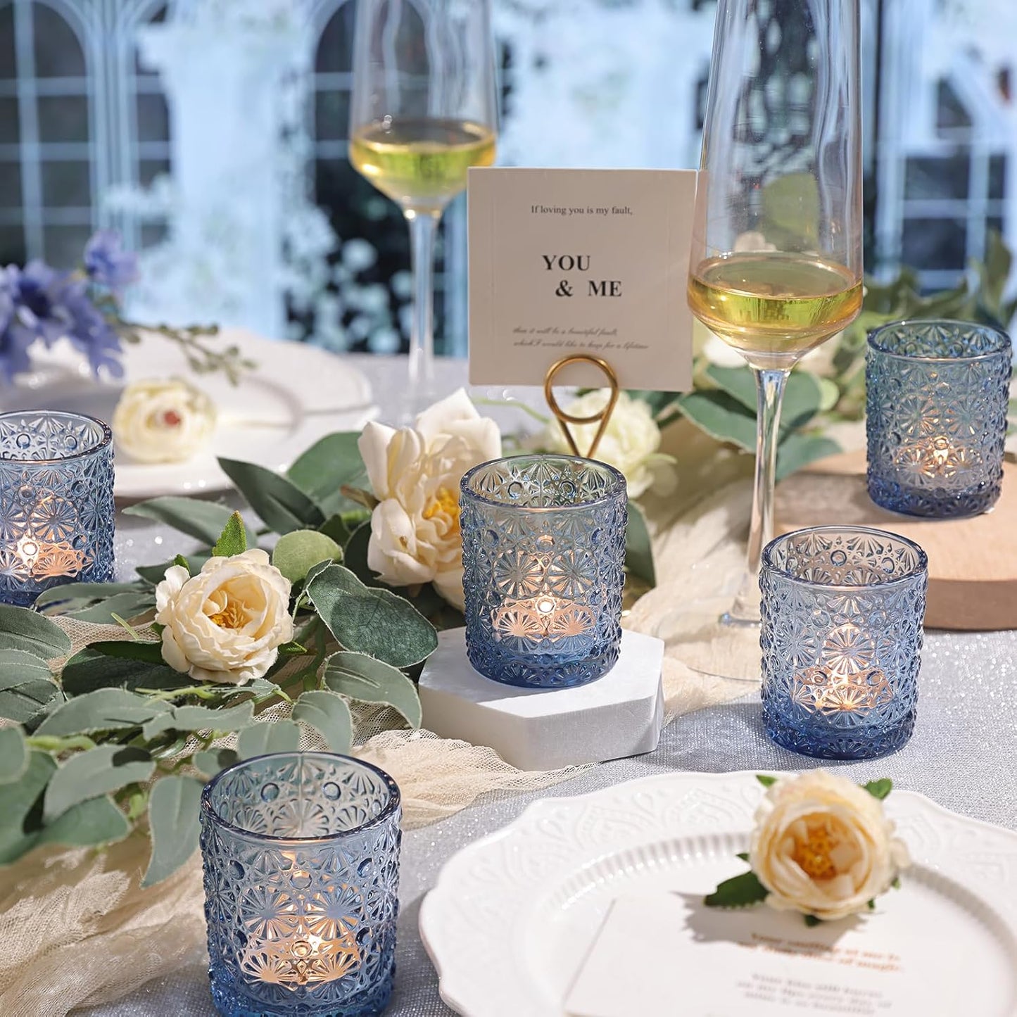 Blue Votive Candle Holder Set of 36, Flower Tea Lights Candles Holders for Wedding Table Centerpieces, Birthday Parties, Home Decor, Blue Bridal Shower and Holiday Decorations