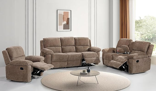 Betsy Furniture Modern Fabric Recliner Sofa Set, Loveseat w/Console, Recliner by BetsyFurniture