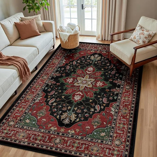 RELEANY Area Rugs 5'x8' Washable Non-Slip, Floral Vintage Distress Print by RELEANY