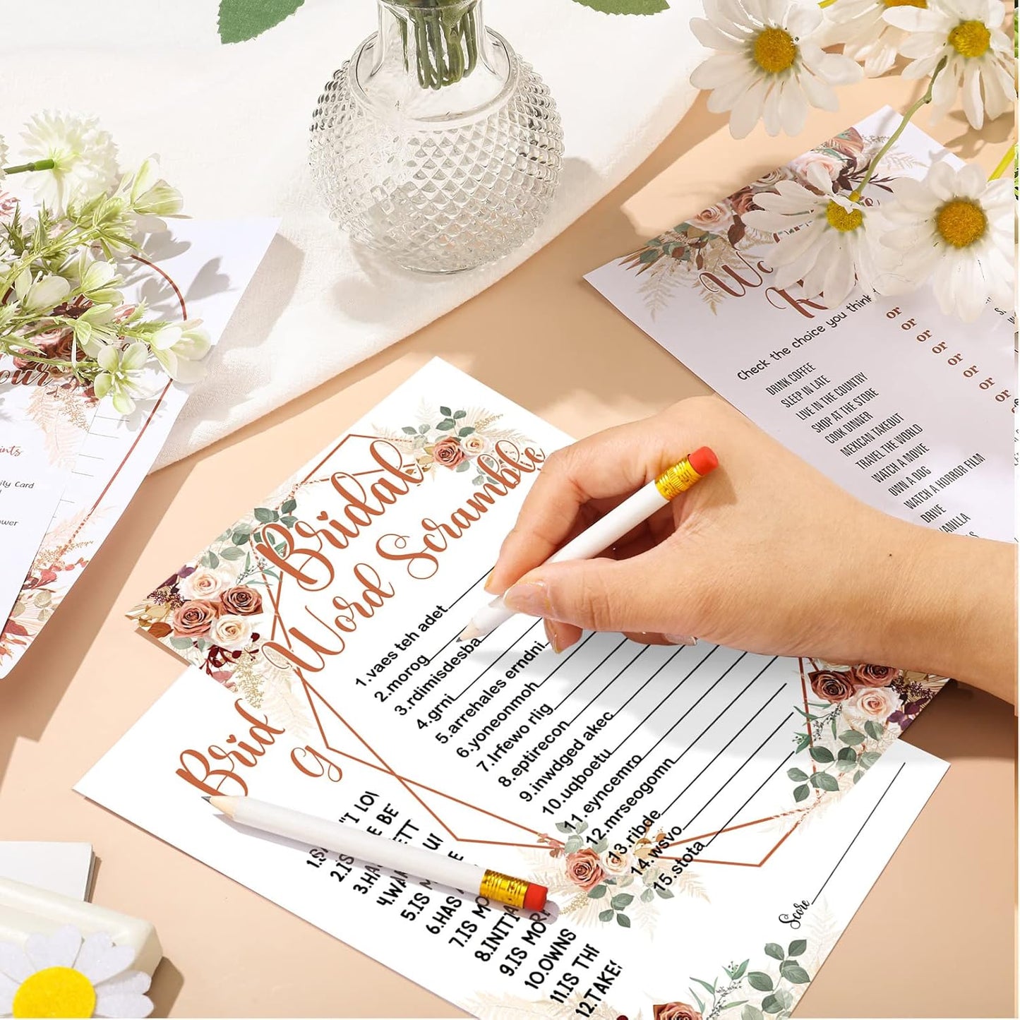 Teling 145 Pieces Bridal Shower Game Bridal Shower Favors Set Wedding Games Cards and Pencils for Bride Groom Bachelorette Party Wedding Party Favor(Boho Style)