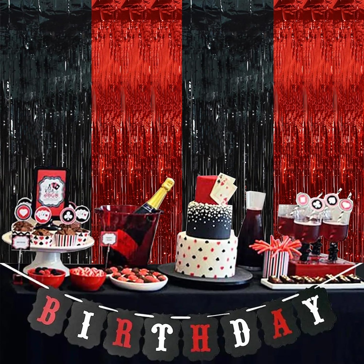 BEISHIDA 2Pcs Red Black Door Streamer Casino Backdrop Foil Fringe Tinsel Casino Horry Party Curtains Backdrops for Casino Party Horry Party Hallowen Decoration (3.28 ft x 6.56 ft)