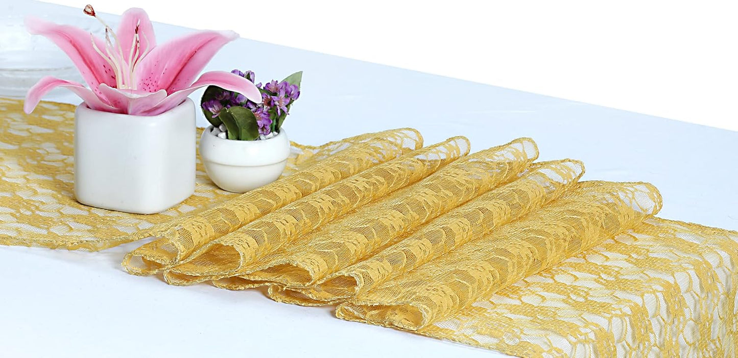 MDS Pack of 5 Wedding 12 x 108 inches Lace Table Runner for Wedding, Decorations for Birthday Parties, Banquets, Graduations, Engagements, and Runners fit Rectangle, Round Table- Gold