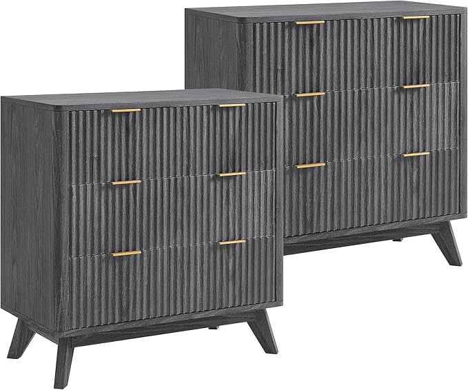 T4TREAM Fluted 3 Drawers Nightstand Set of 2, Oversized Extra Large Modern Side by T4TREAMFurniture
