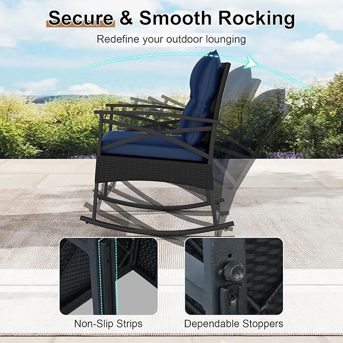 Tangkula 3 Pieces Outdoor Rocking Chairs Set, Rattan Heavy Duty Cushioned - Image 4