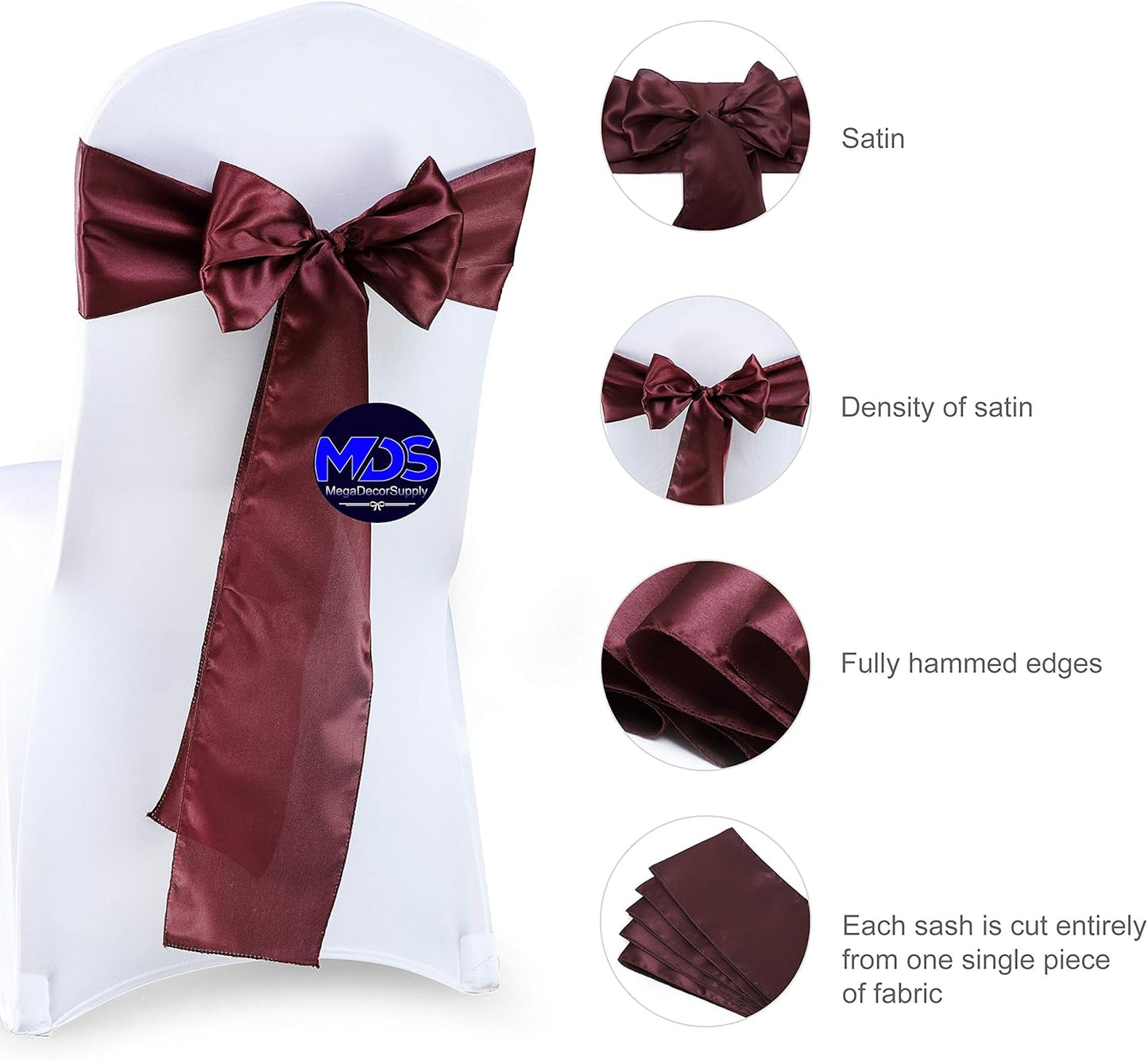 MDS Pack of 25 PCS Satin Chair Sashes Charmeuse Sateen Dining Chair Bows Ribbon Ties Back Sash for Wedding Party Birthday Home Hotel Restaurant Banquet Decoration (7 x 108 Inch, Burgundy)