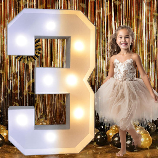 Pooqla 3FT Light Up Marquee Numbers, LED Large Lighted Marquee Numbers for Party Decoration, Giant Mosaic Number for Balloon 3rd 13th 30th Birthday Decoration, LED Light Up 3