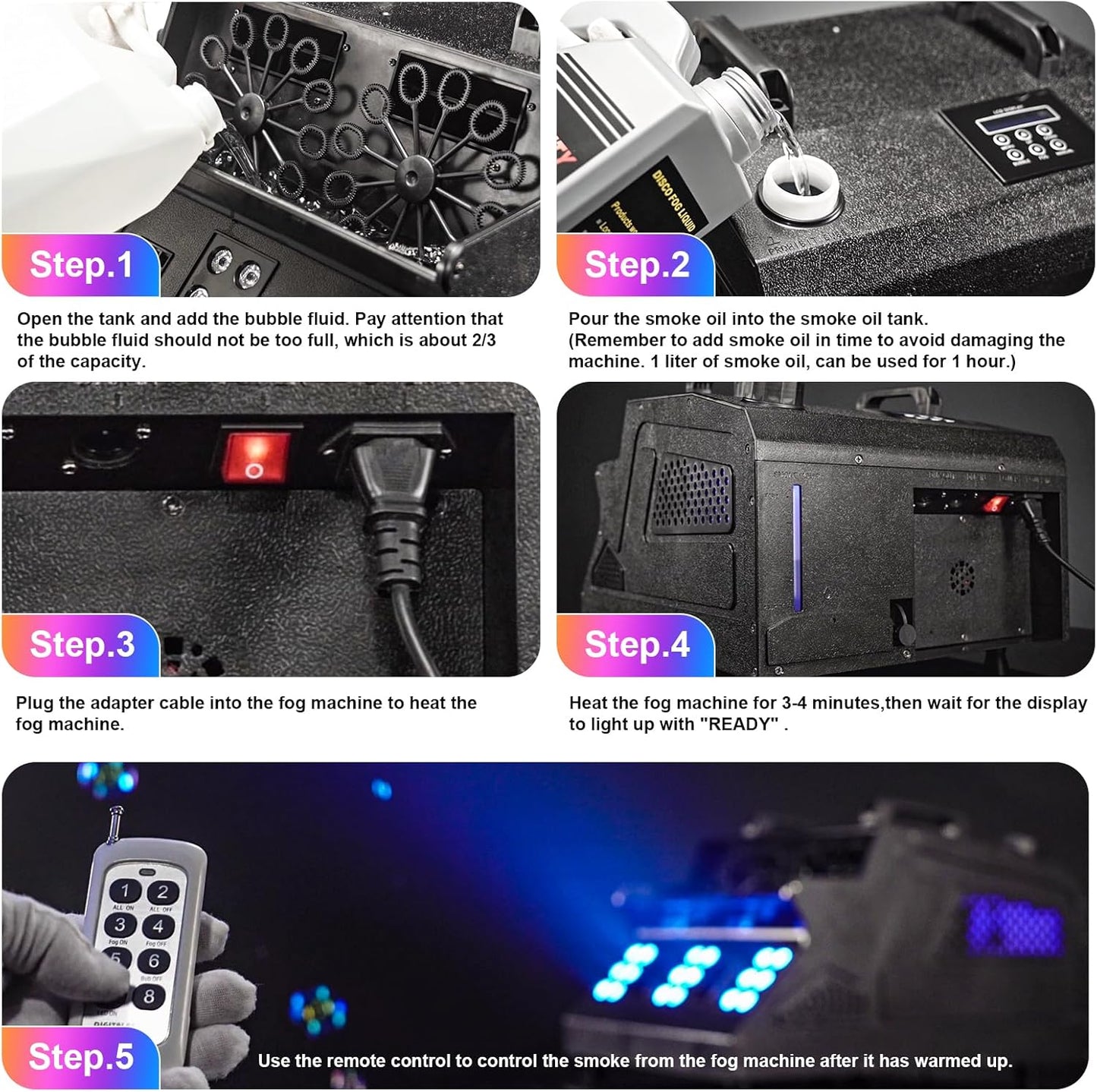 2000W Fog Machine, 3 in 1 Fog Bubble Machine with 2 Bubble Fans, 18 RGB LED Lights Smoke Bubble ALL IN ONE Fog Machine, Bubble Machine for Halloween Christmas Party Wedding, 2 Pack