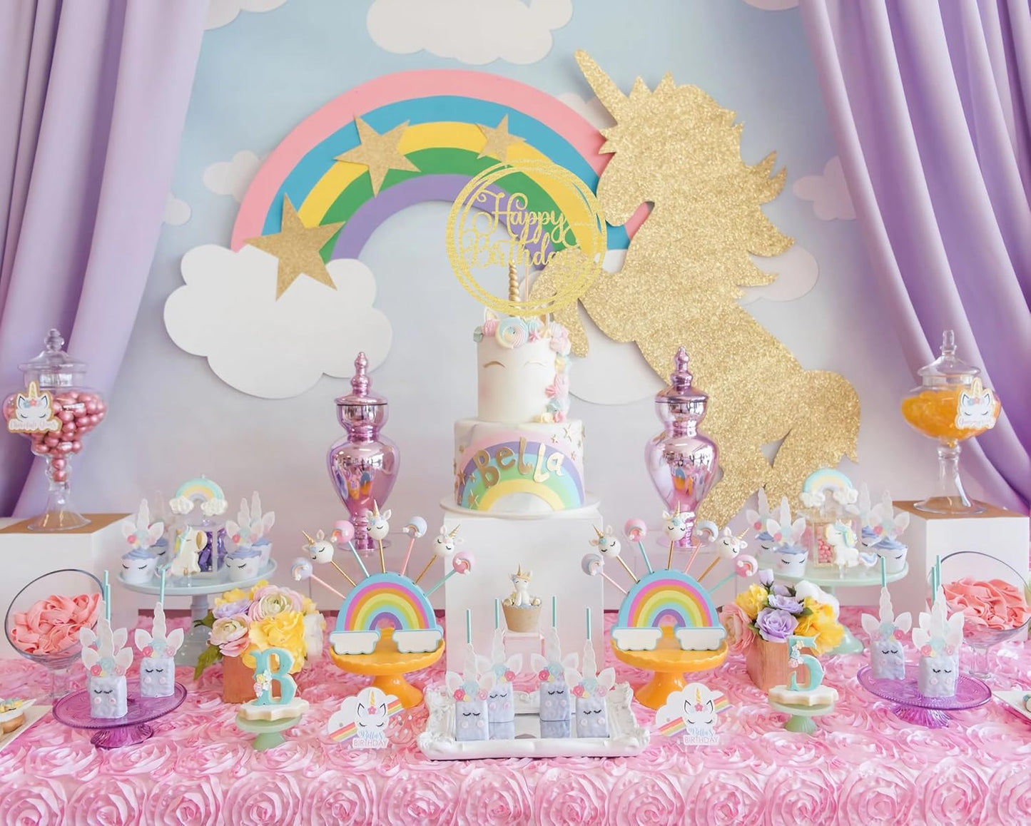 Happy Birthday Cake Topper - Golden Glitter Happy Birthday Cake Decoration Supplies for Children or Adults - Happy Birthday Cake Bunting Decor, Photo Booth Props