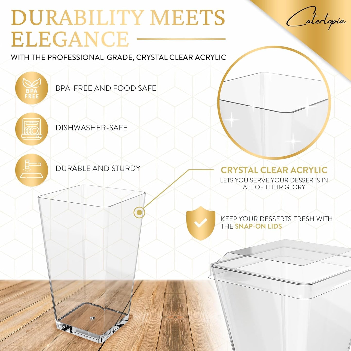 100 Pack 3 oz Mini Dessert Cups with Lids and Spoons (Gold Spoons) - Plastic Shooter Appetizer Parfait Cups with Lids Reusable - BPA Free Catering Supplies for Party - Dessert Serving Bowls