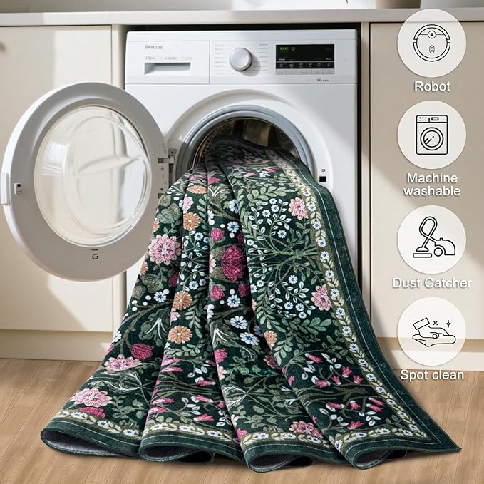 Area Rugs 9x12 Living Room: Floral Washable Rug Vintage Large Soft Boho - Image 5
